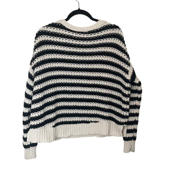 Free People Medium Chunky Sweater Black Cream Striped Oversized Relaxed - Picture 3 of 8